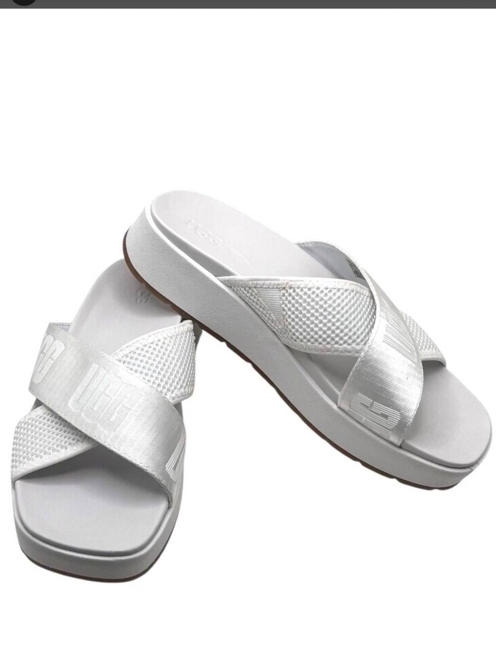 UGG Women’s White Emily Mesh Slide Wedge Sandals Logo Crossband NWOT